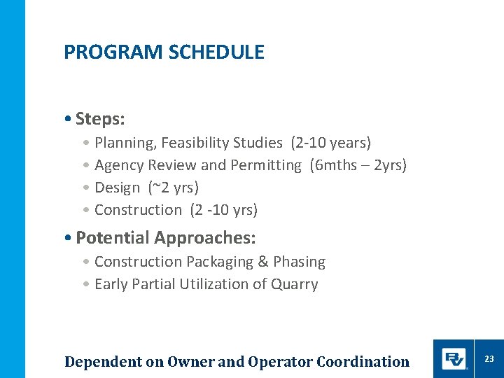 PROGRAM SCHEDULE • Steps: • Planning, Feasibility Studies (2 -10 years) • Agency Review