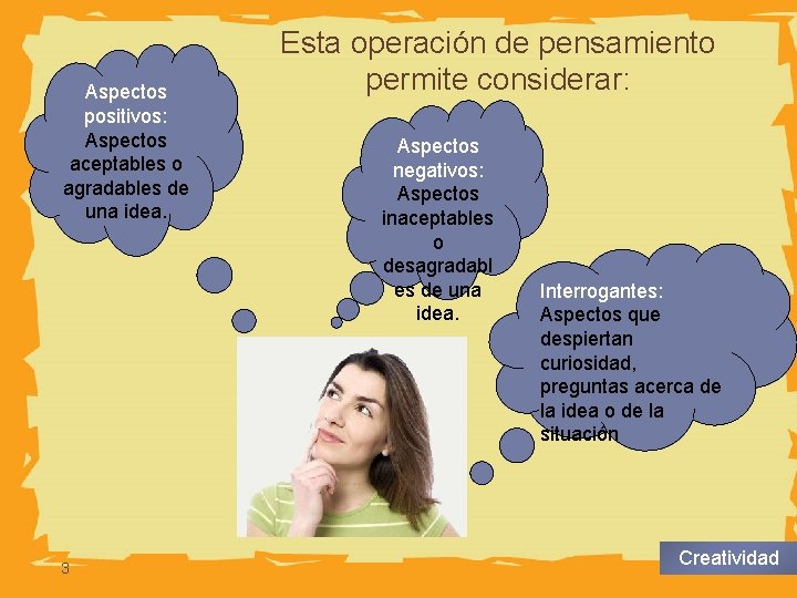 Aspectos positivos: Aspectos aceptables o agradables de una idea. 3 Esta operación de pensamiento