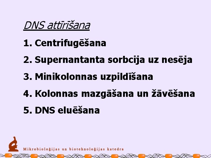 DNS attīrīšana 1. Centrifugēšana 2. Supernantanta sorbcija uz nesēja 3. Minikolonnas uzpildīšana 4. Kolonnas