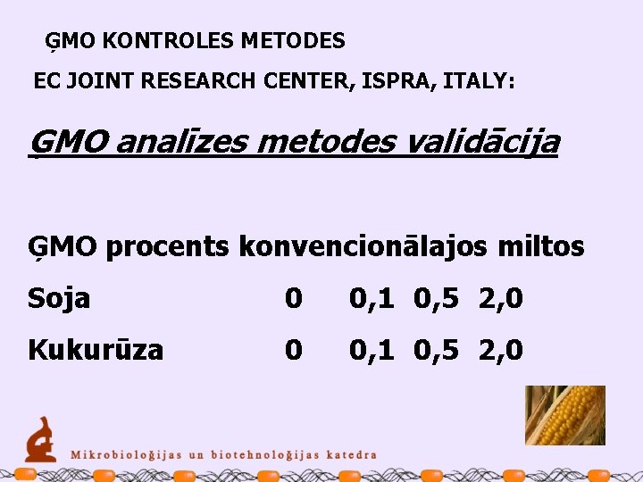 ĢMO KONTROLES METODES EC JOINT RESEARCH CENTER, ISPRA, ITALY: ĢMO analīzes metodes validācija ĢMO