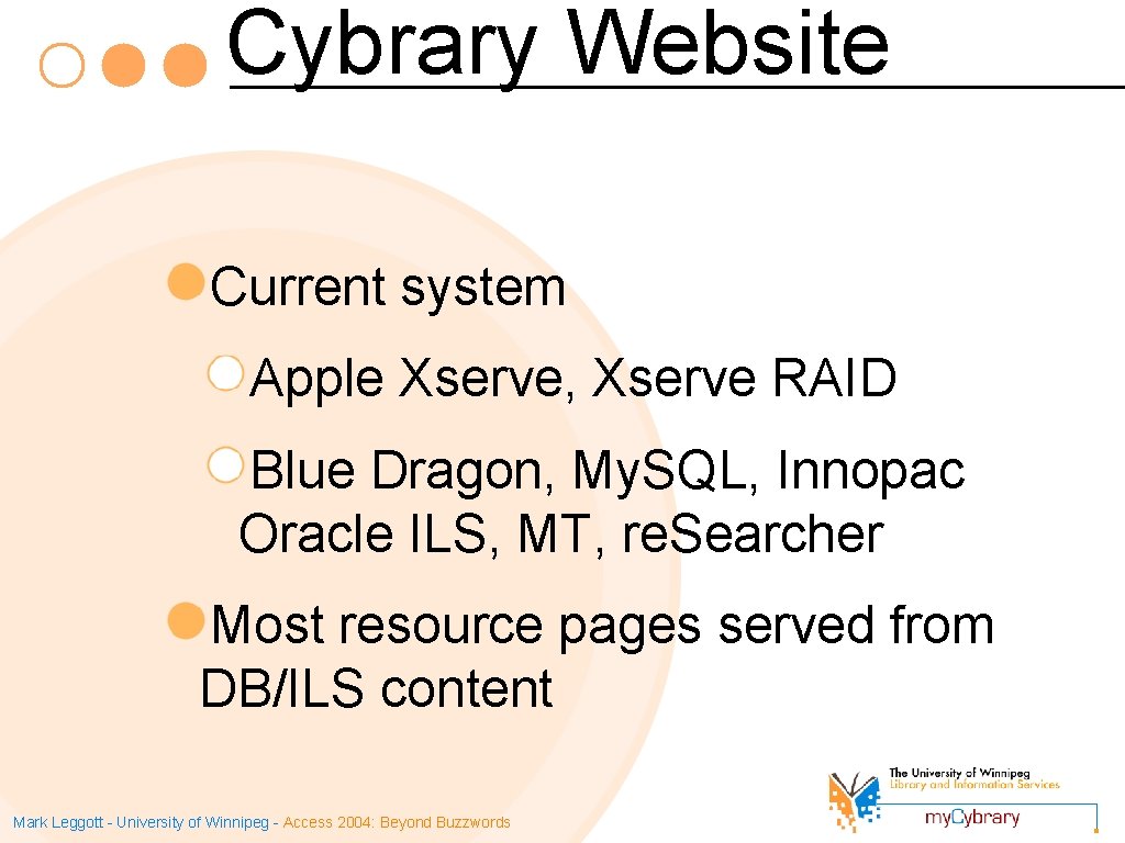 Cybrary Website Current system Apple Xserve, Xserve RAID Blue Dragon, My. SQL, Innopac Oracle