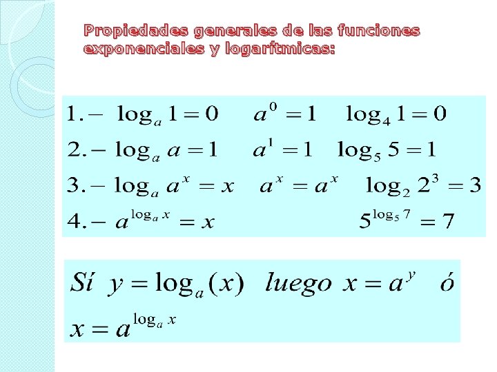 Propiedades generales de las funciones exponenciales y logarítmicas: 