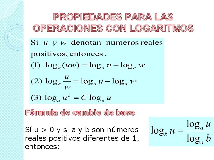 PROPIEDADES PARA LAS OPERACIONES CON LOGARITMOS Fórmula de cambio de base Sí u >