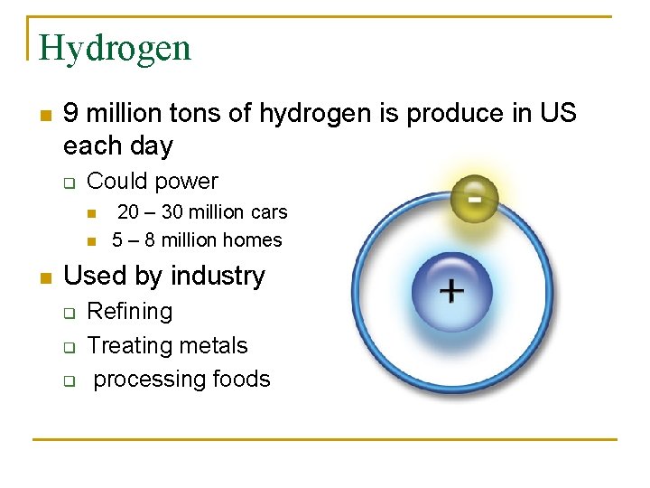 Hydrogen n 9 million tons of hydrogen is produce in US each day q