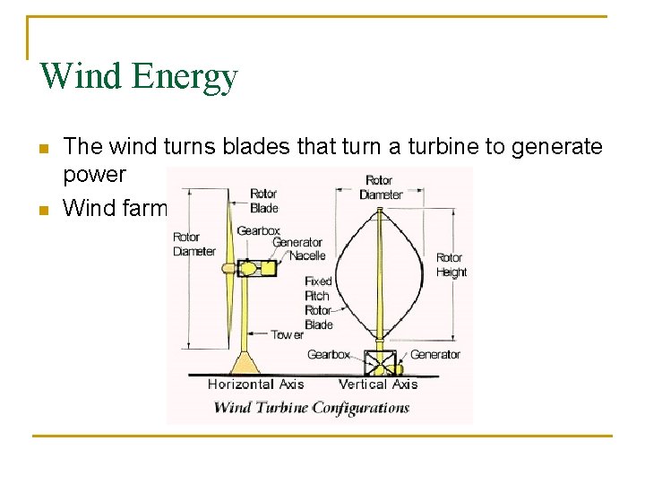 Wind Energy n n The wind turns blades that turn a turbine to generate