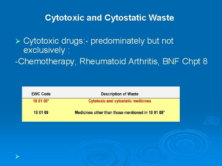 Cytotoxic and Cytostatic Waste Cytotoxic drugs: - predominately but not exclusively : -Chemotherapy, Rheumatoid