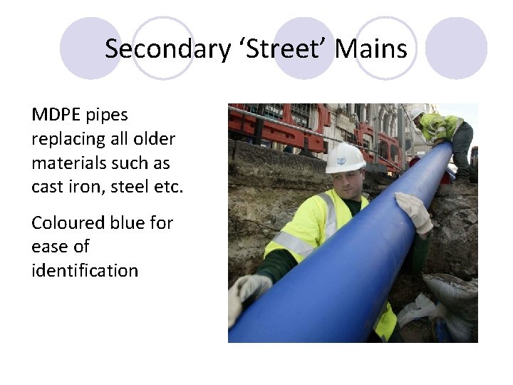 Secondary ‘Street’ Mains MDPE pipes replacing all older materials such as cast iron, steel Secondary ‘Street’ Mains MDPE pipes replacing all older materials such as cast iron, steel