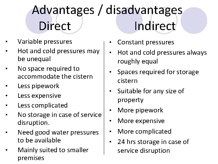 Advantages / disadvantages Direct Indirect • • • Variable pressures Hot and cold pressures Advantages / disadvantages Direct Indirect • • • Variable pressures Hot and cold pressures