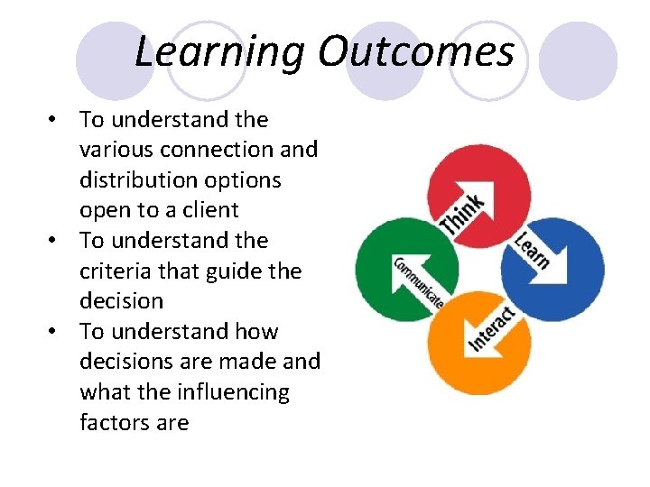 Learning Outcomes • To understand the various connection and distribution options open to a Learning Outcomes • To understand the various connection and distribution options open to a