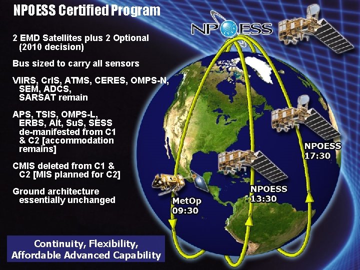 NPOESS Certified Program 2 EMD Satellites plus 2 Optional (2010 decision) Bus sized to