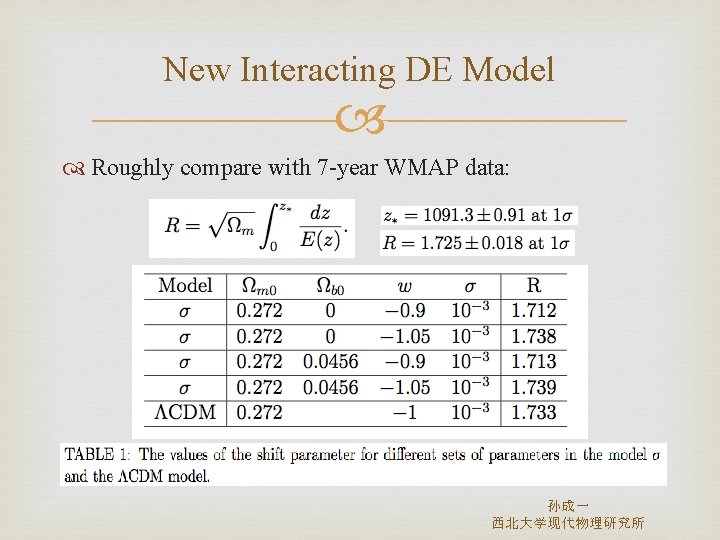 New Interacting DE Model Roughly compare with 7 -year WMAP data: 孙成一 西北大学现代物理研究所 