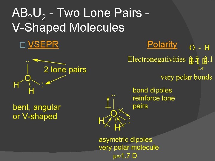 AB 2 U 2 - Two Lone Pairs V-Shaped Molecules � VSEPR Polarity 