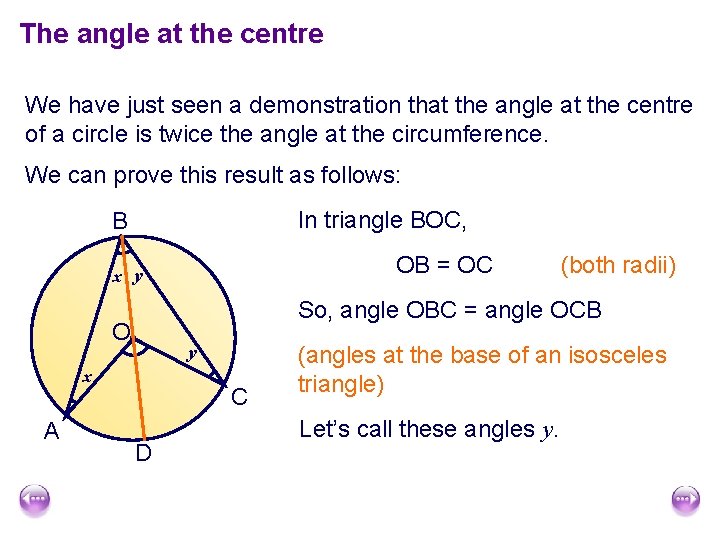 The angle at the centre We have just seen a demonstration that the angle The angle at the centre We have just seen a demonstration that the angle