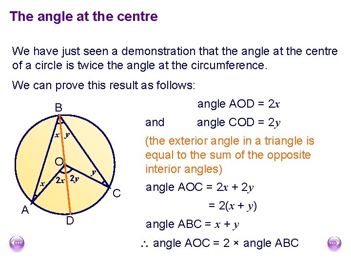 The angle at the centre We have just seen a demonstration that the angle The angle at the centre We have just seen a demonstration that the angle