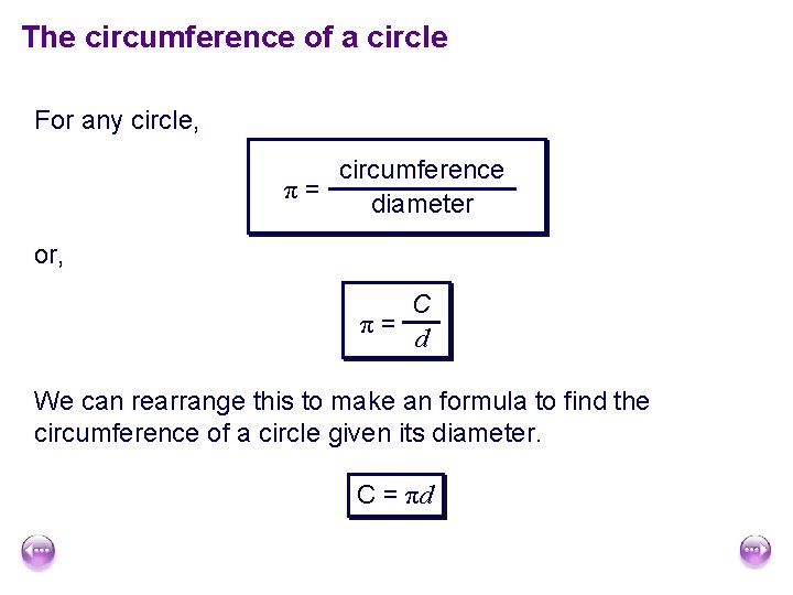 The circumference of a circle For any circle, circumference π= diameter or, C π= The circumference of a circle For any circle, circumference π= diameter or, C π=
