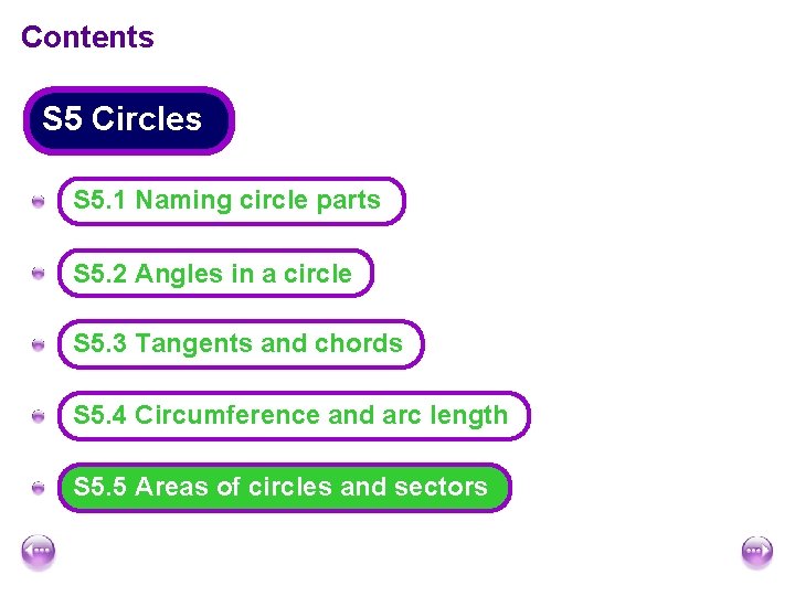 Contents S 5 Circles A S 5. 1 Naming circle parts A S 5. Contents S 5 Circles A S 5. 1 Naming circle parts A S 5.