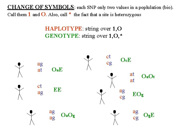 CHANGE OF SYMBOLS: each SNP only two values in a poplulation (bio). Call them