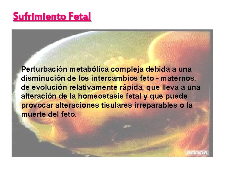 Sufrimiento Fetal Perturbación metabólica compleja debida a una disminución de los intercambios feto -