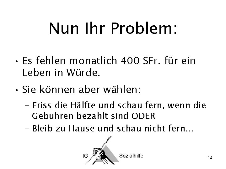 Nun Ihr Problem: • Es fehlen monatlich 400 SFr. für ein Leben in Würde.