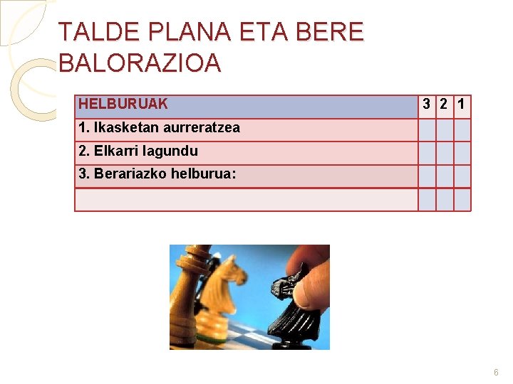 TALDE PLANA ETA BERE BALORAZIOA HELBURUAK 3 2 1 1. Ikasketan aurreratzea 2. Elkarri