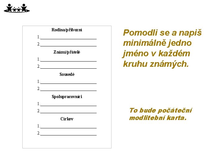 Rodina/příbuzní 1. _____________ 2. _____________ Známí/přátelé 1. _____________ 2. _____________ Pomodli se a napiš