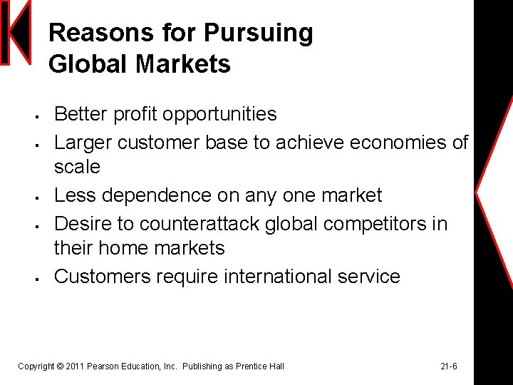 Reasons for Pursuing Global Markets § § § Better profit opportunities Larger customer base
