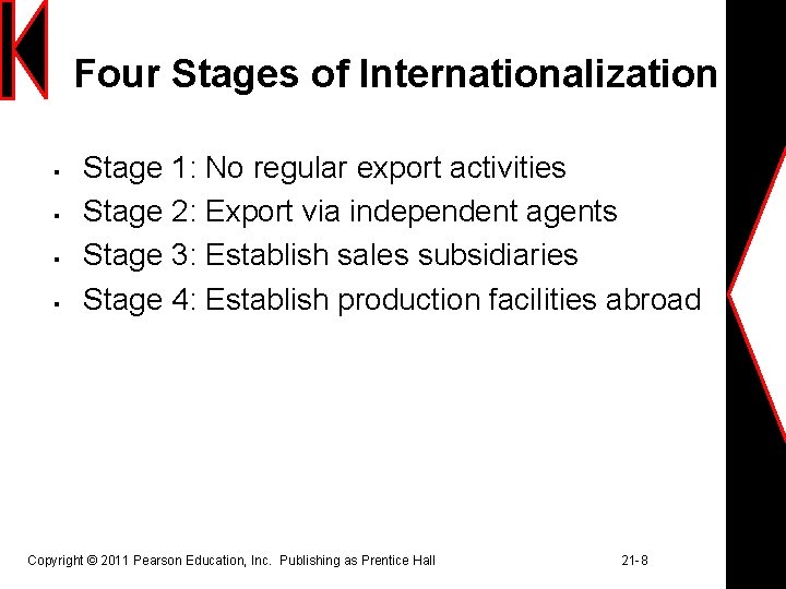 Four Stages of Internationalization § § Stage 1: No regular export activities Stage 2: