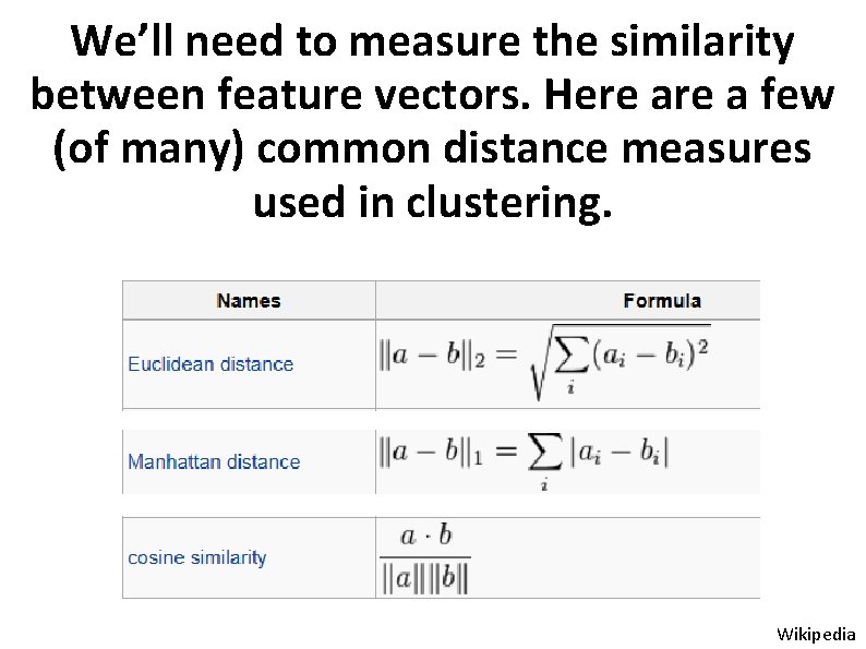 We’ll need to measure the similarity between feature vectors. Here a few (of many)