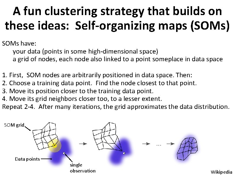 A fun clustering strategy that builds on these ideas: Self-organizing maps (SOMs) SOMs have: