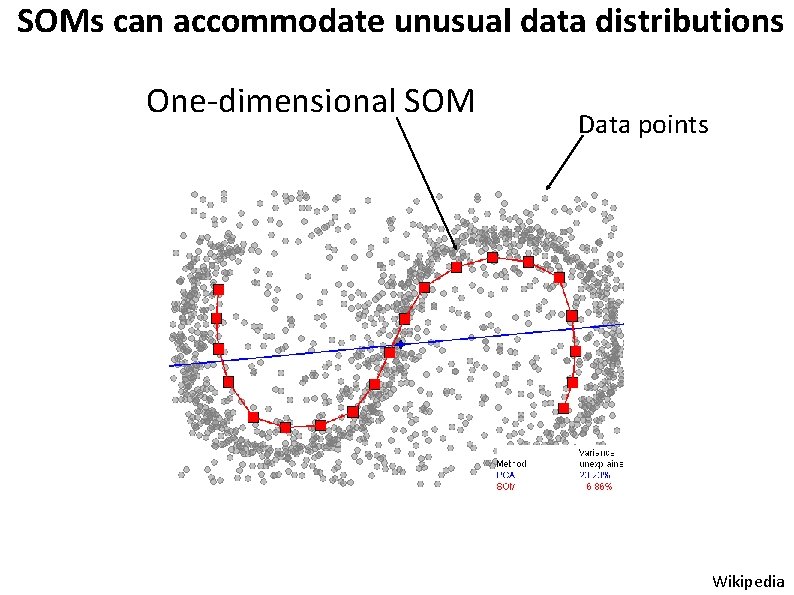 SOMs can accommodate unusual data distributions One-dimensional SOM Data points Wikipedia 