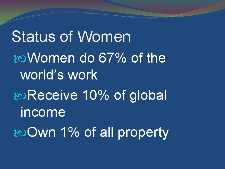 Status of Women do 67% of the world’s work Receive 10% of global income