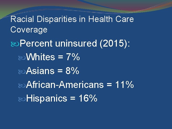 Racial Disparities in Health Care Coverage Percent uninsured (2015): Whites = 7% Asians =