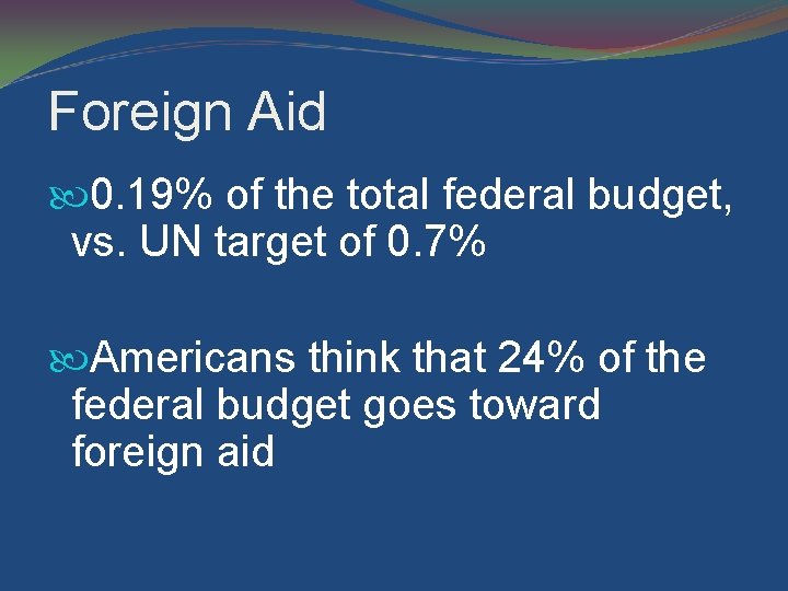 Foreign Aid 0. 19% of the total federal budget, vs. UN target of 0.