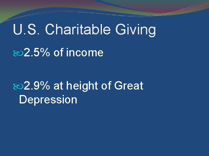 U. S. Charitable Giving 2. 5% of income 2. 9% at height of Great