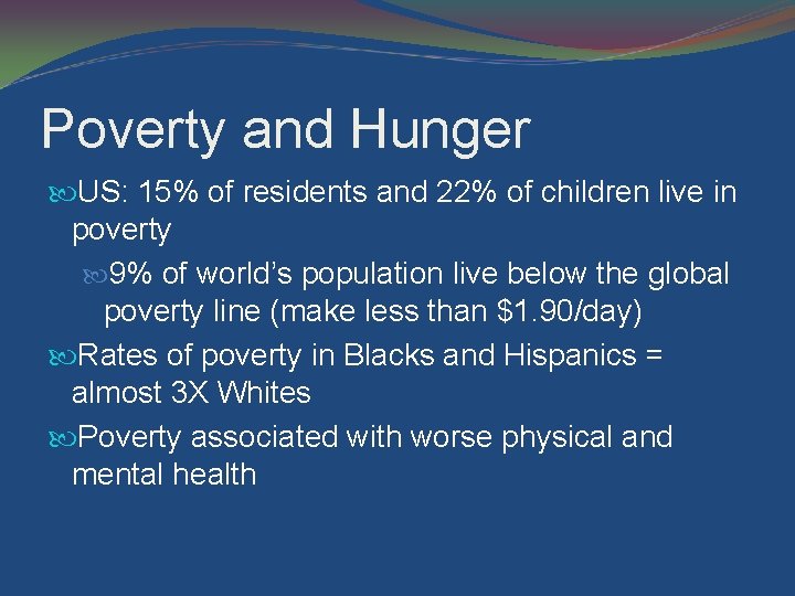 Poverty and Hunger US: 15% of residents and 22% of children live in poverty