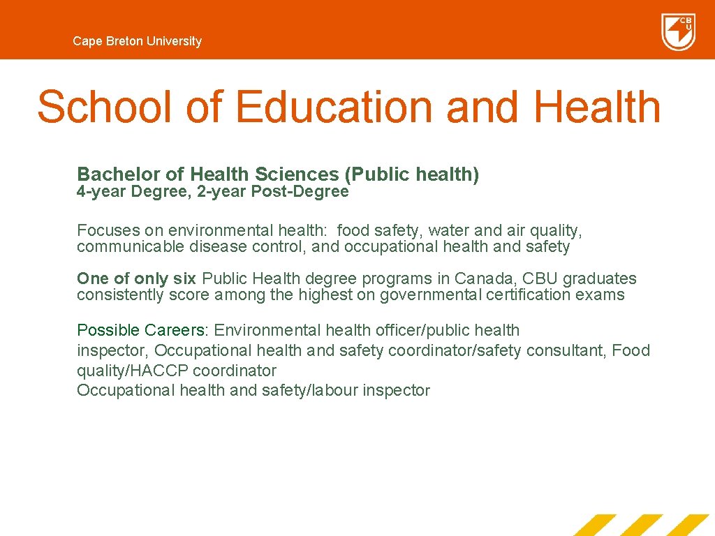 Cape Breton University School of Education and Health Bachelor of Health Sciences (Public health)