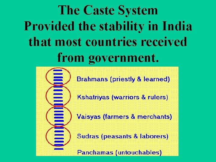 The Caste System Provided the stability in India that most countries received from government.