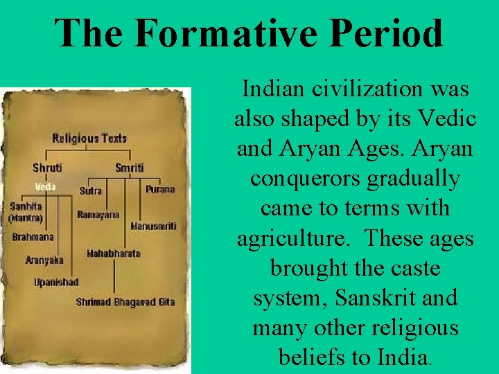 The Formative Period Indian civilization was also shaped by its Vedic and Aryan Ages.