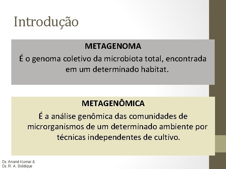 Introdução METAGENOMA É o genoma coletivo da microbiota total, encontrada em um determinado habitat.