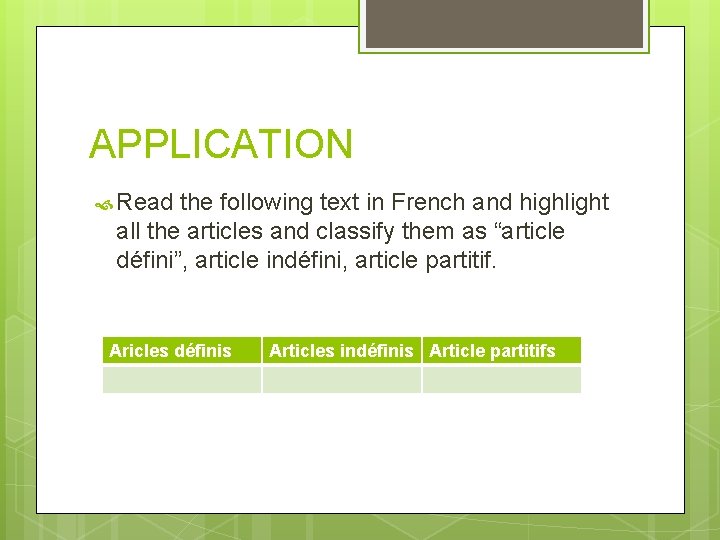 APPLICATION Read the following text in French and highlight all the articles and classify