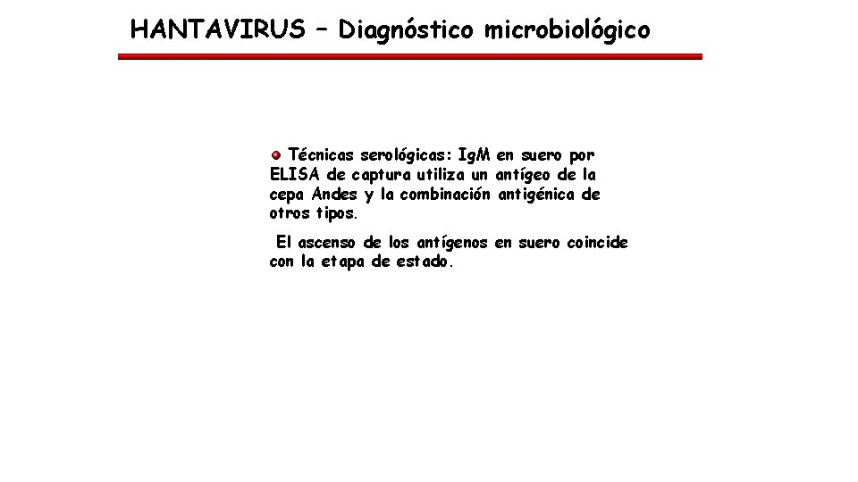 HANTAVIRUS – Diagnóstico microbiológico Técnicas serológicas: Ig. M en suero por ELISA de captura