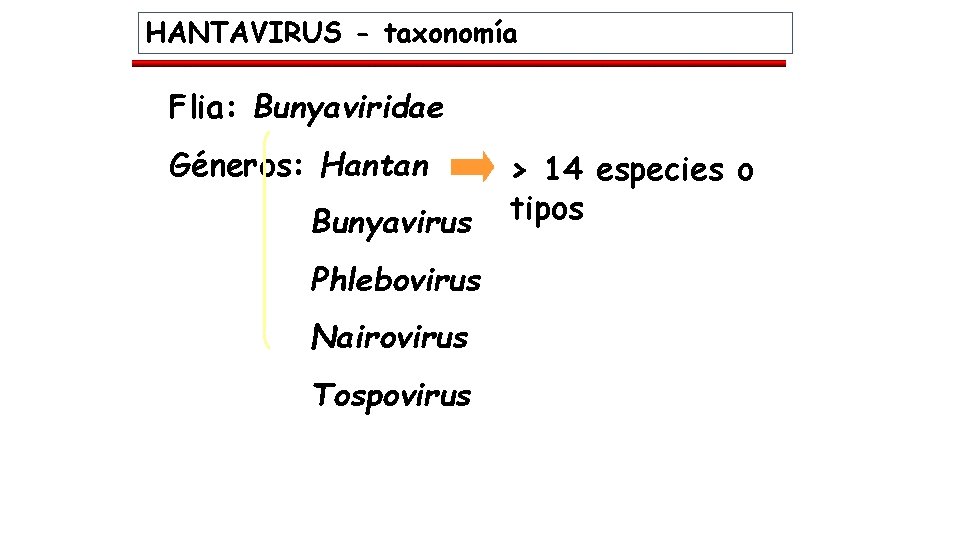 HANTAVIRUS - taxonomía Flia: Bunyaviridae Géneros: Hantan Bunyavirus Phlebovirus Nairovirus Tospovirus > 14 especies