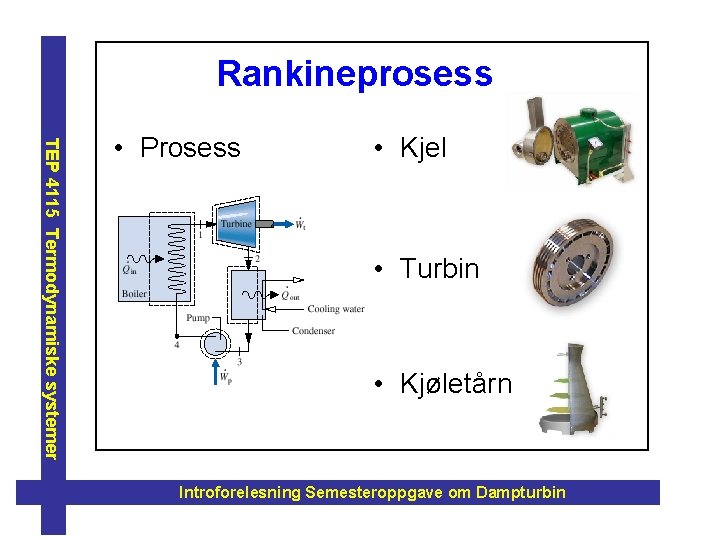 Rankineprosess TEP 4115 Termodynamiske systemer • Prosess • Kjel • Turbin • Kjøletårn Introforelesning