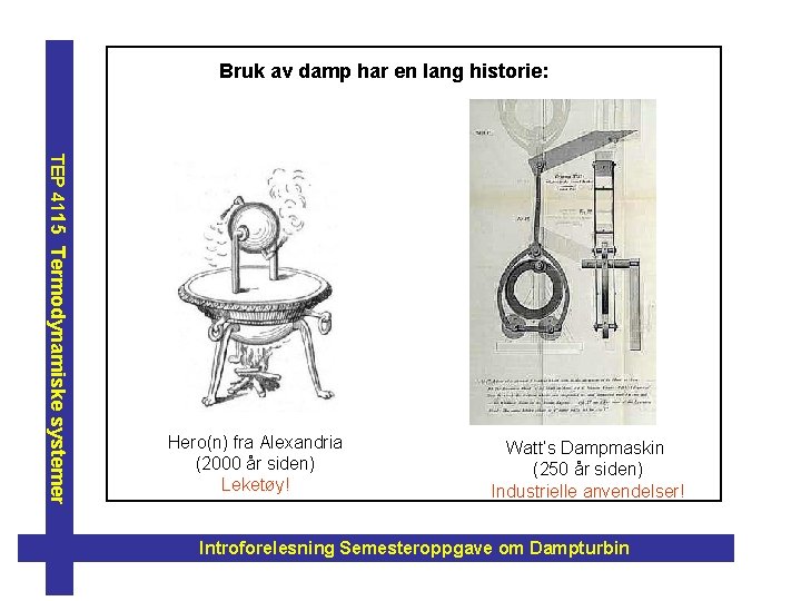 Bruk av damp har en lang historie: TEP 4115 Termodynamiske systemer Hero(n) fra Alexandria