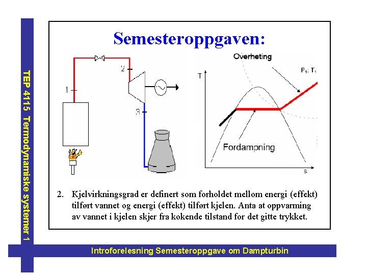 Semesteroppgaven: TEP 4115 Termodynamiske systemer 1 2. Kjelvirkningsgrad er definert som forholdet mellom energi