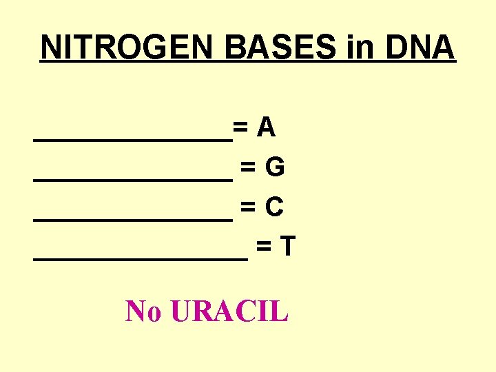 NITROGEN BASES in DNA _______= A _______ = G _______ = C _______ =