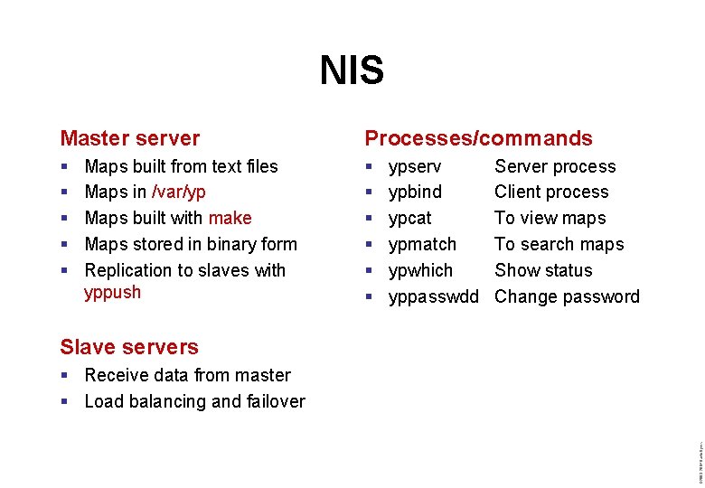 NIS Master server Processes/commands § § § Maps built from text files Maps in