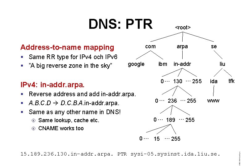 DNS: PTR Address-to-name mapping § Same RR type for IPv 4 och IPv 6