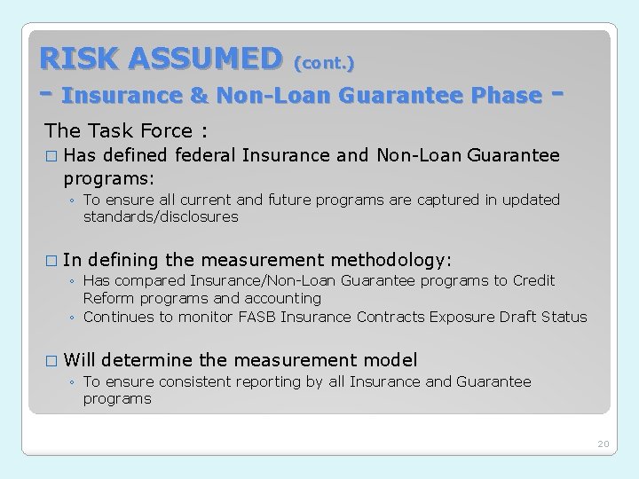 RISK ASSUMED (cont. ) - Insurance & Non-Loan Guarantee Phase The Task Force :