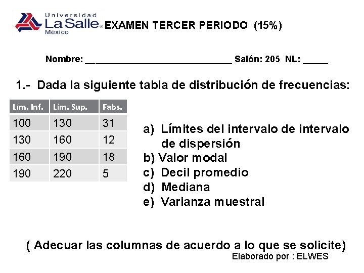 EXAMEN TERCER PERIODO (15%) Nombre: _______________ Salón: 205 NL: _____ 1. - Dada la